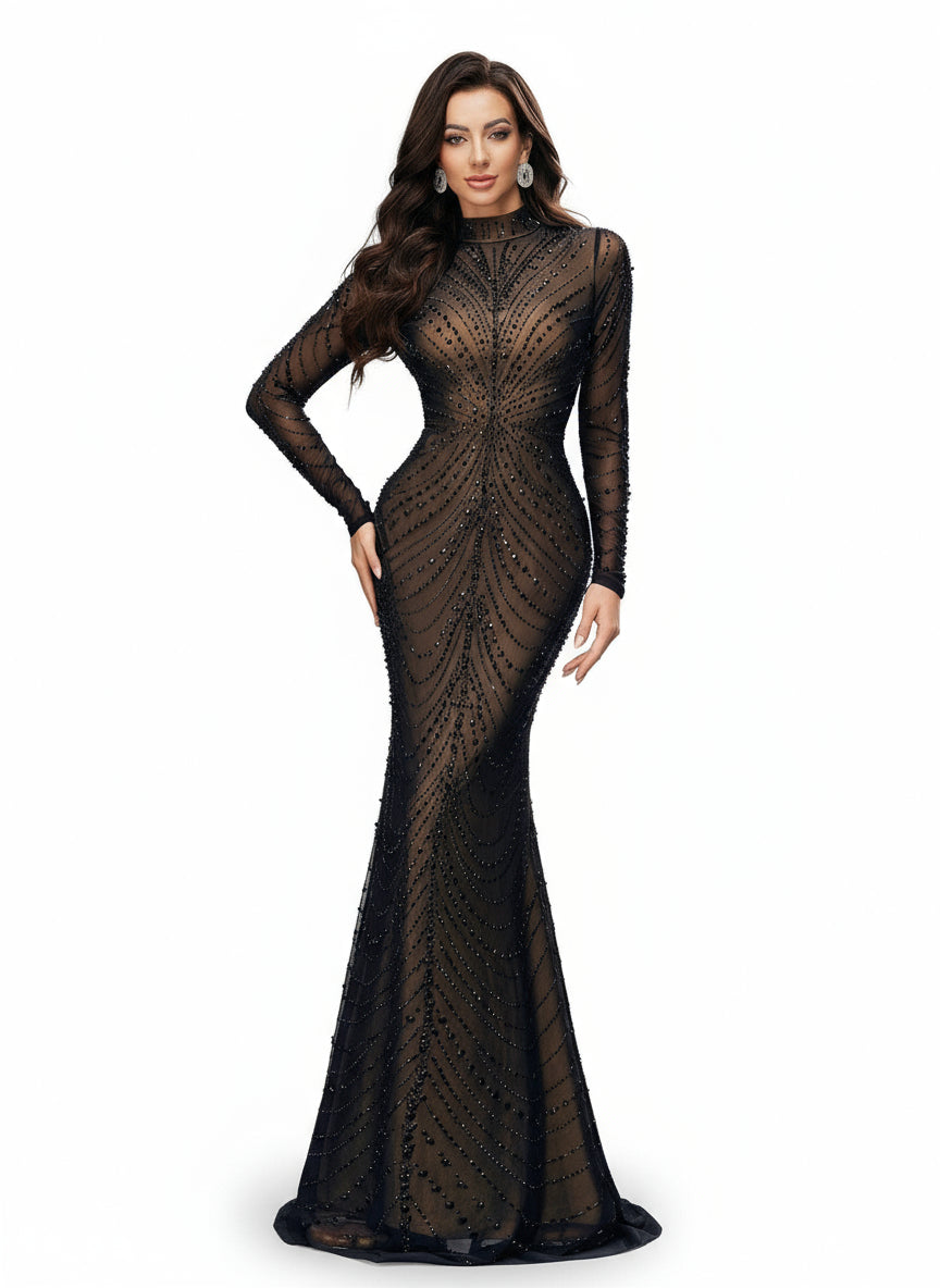 Stalluxe | Glamouröses Schwarzes Abendkleid mit Strass und Schlanker Passform, Langarm