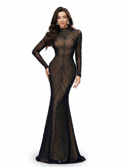 Stalluxe | Glamouröses Schwarzes Abendkleid mit Strass und Schlanker Passform, Langarm