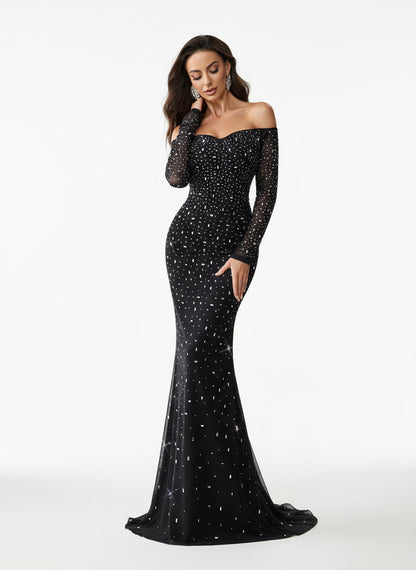 Stalluxe | Elegantes Schwarzes Abendkleid mit Cold-Shoulder-Design und Strass, Bodenlang
