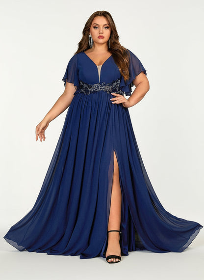 Stalluxe | Stilvolles Marineblaues Abendkleid mit V-Ausschnitt und Kurzarm
