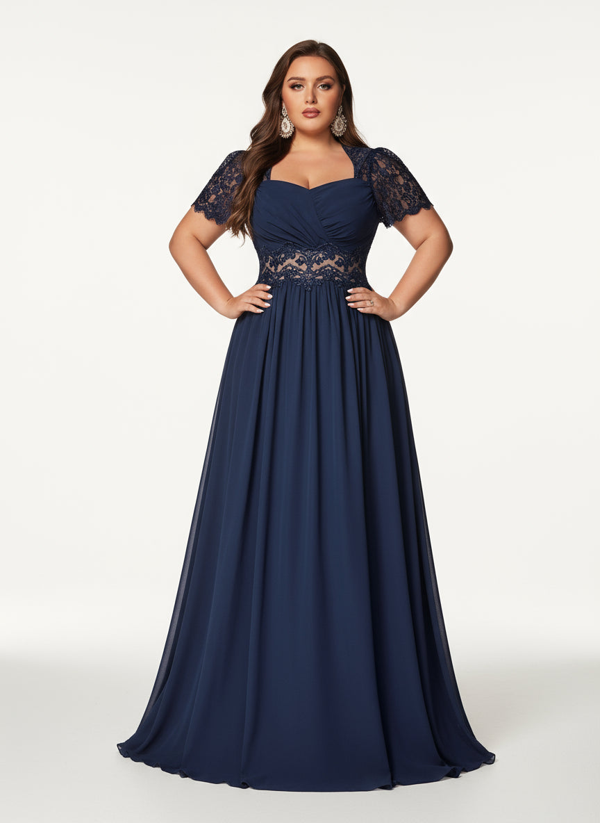 Stalluxe | Edles Marineblaues Chiffon-Abendkleid mit Spitze und Puffärmeln