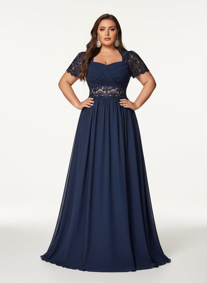 Stalluxe | Edles Marineblaues Chiffon-Abendkleid mit Spitze und Puffärmeln