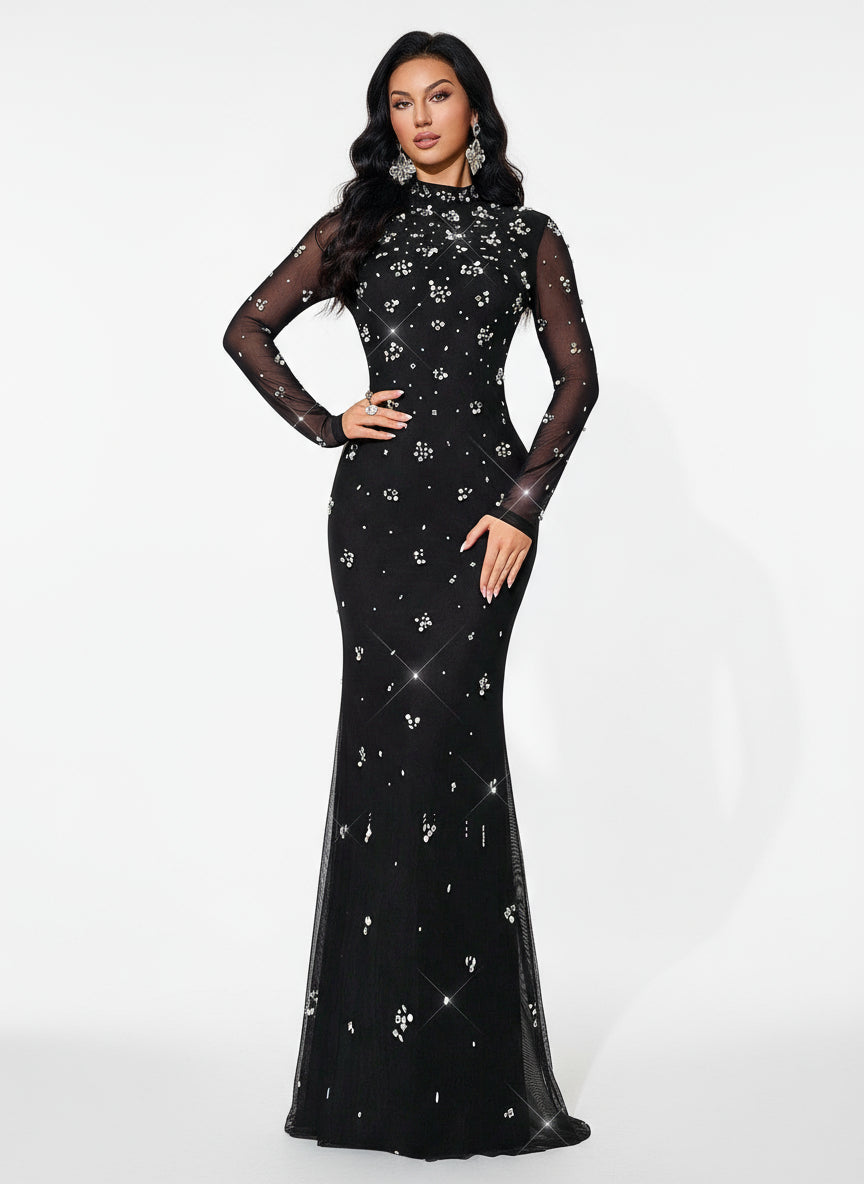 Stalluxe | Klassisches Schwarzes Abendkleid mit Strass und Stehkragen