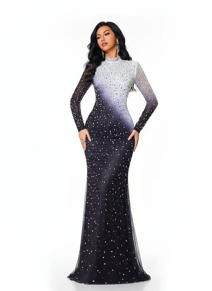 Stalluxe | Luxuriöses Schwarzes Abendkleid mit Strass und Rundhalsausschnitt, Langarm