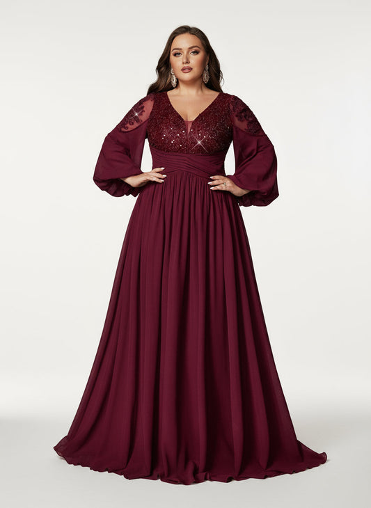 Stalluxe | Elegantes Abendkleid mit Stickerei, Tiefem V-Ausschnitt und Langarm