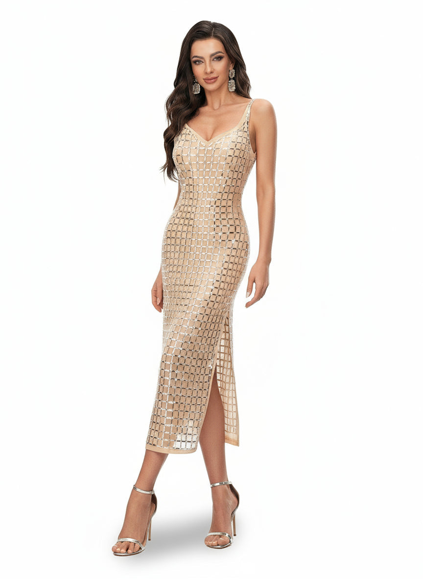 Stalluxe | Funkelndes Apricotfarbenes Abendkleid mit Herz-Ausschnitt und Schlanker Passform