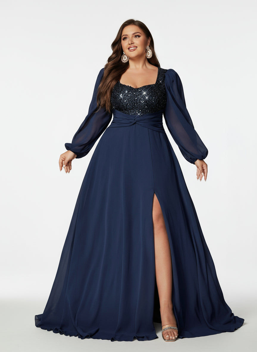 Stalluxe | Anmutiges Marineblaues Abendkleid mit Pailletten und Herz-Ausschnitt, Langarm