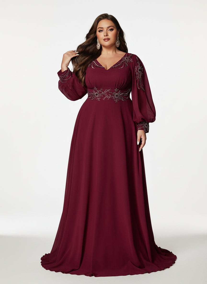 Stalluxe | Würdevoll Weinrotes Chiffon-Abendkleid mit V-Ausschnitt und Langarm