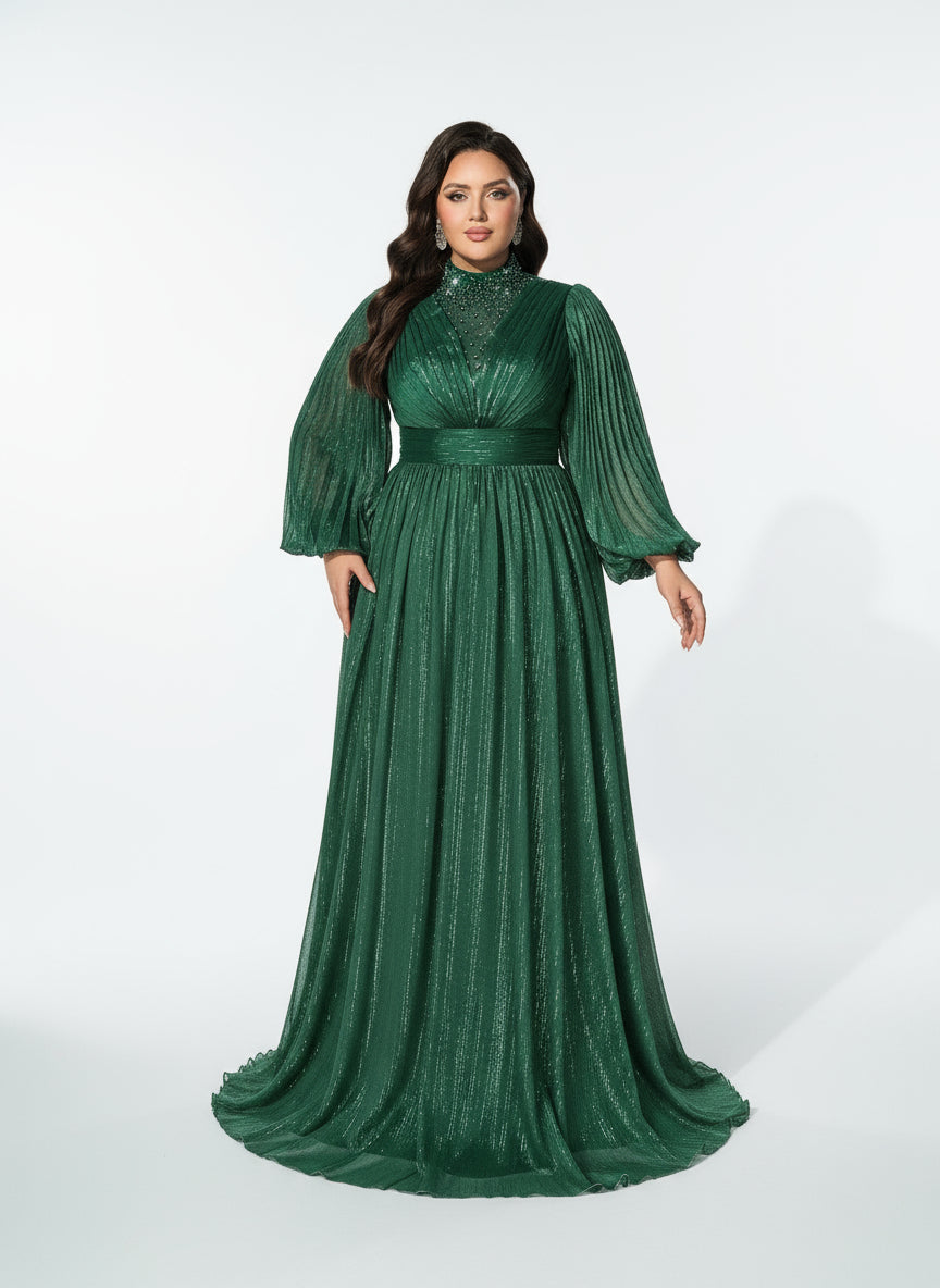 Stalluxe | Klassisches Dunkelgrünes Abendkleid mit Reißverschluss, Stehkragen und Laternenärmeln