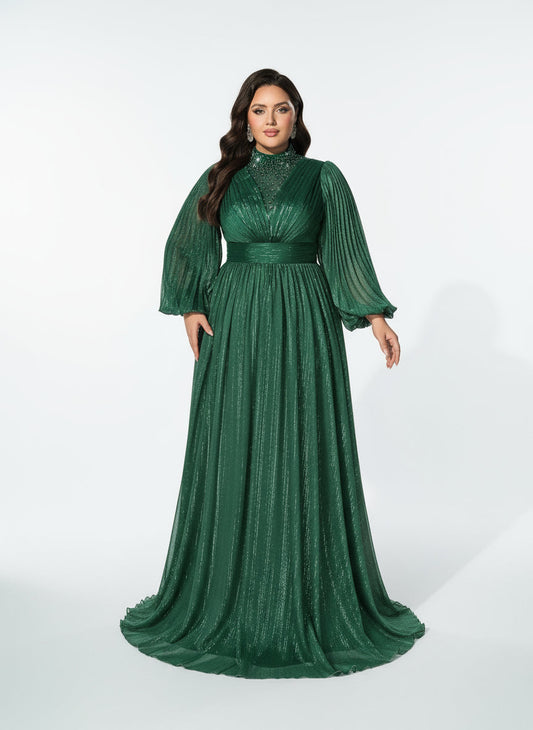 Stalluxe | Klassisches Dunkelgrünes Abendkleid mit Reißverschluss, Stehkragen und Laternenärmeln