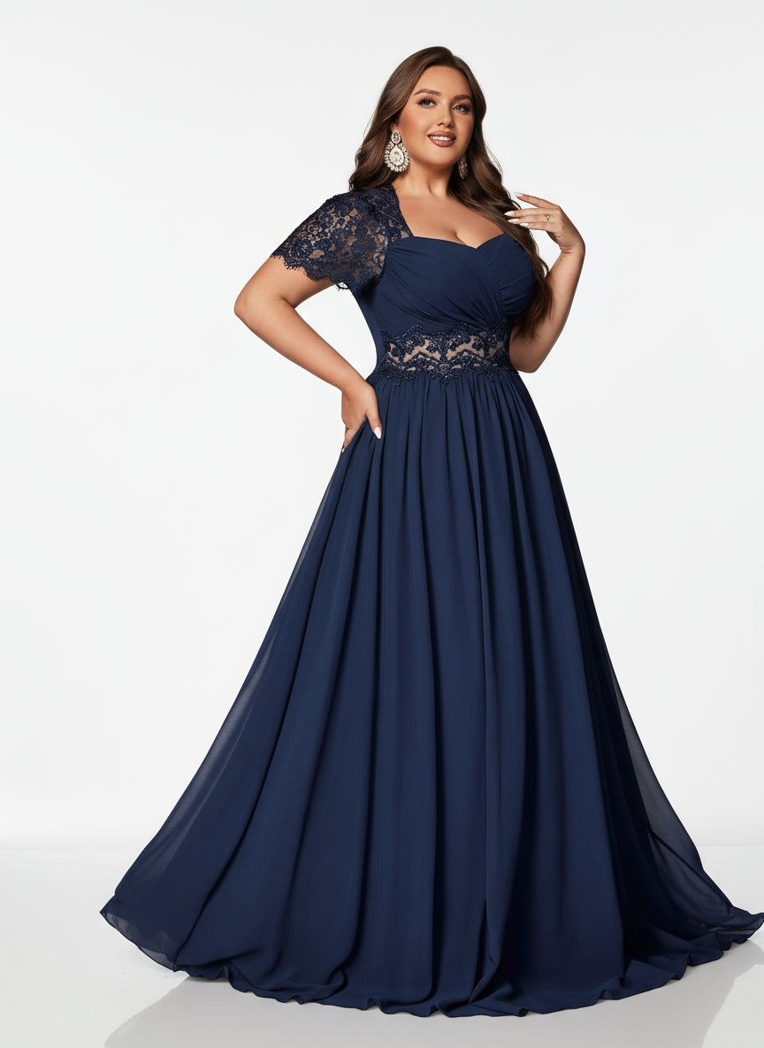 Stalluxe | Edles Marineblaues Chiffon-Abendkleid mit Spitze und Puffärmeln