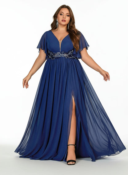 Stalluxe | Stilvolles Marineblaues Abendkleid mit V-Ausschnitt und Kurzarm