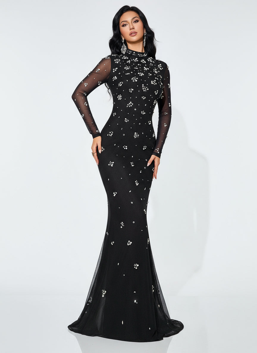 Stalluxe | Klassisches Schwarzes Abendkleid mit Strass und Stehkragen