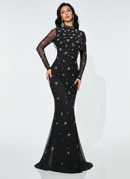 Stalluxe | Klassisches Schwarzes Abendkleid mit Strass und Stehkragen