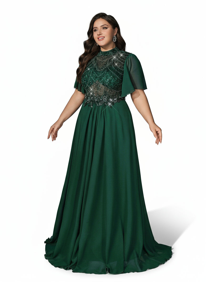 Stalluxe | Klassisches Dunkelgrünes Abendkleid aus Chiffon mit Spitze und Stehkragen