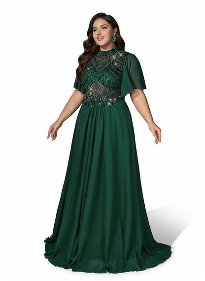 Stalluxe | Klassisches Dunkelgrünes Abendkleid aus Chiffon mit Spitze und Stehkragen