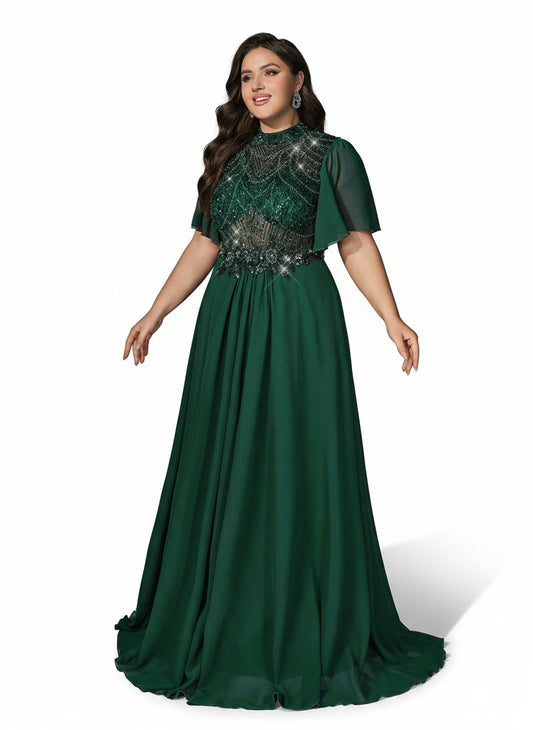 Stalluxe | Klassisches Dunkelgrünes Abendkleid aus Chiffon mit Spitze und Stehkragen