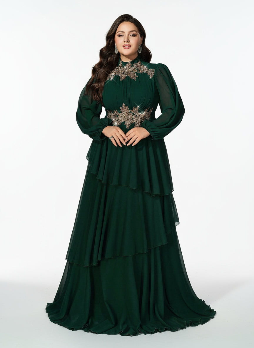 Stalluxe | Edles Dunkelgrünes Chiffon-Abendkleid mit Lagenrock und Langarm