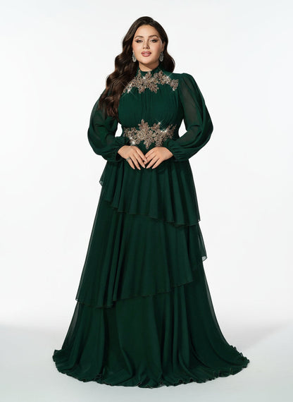 Stalluxe | Edles Dunkelgrünes Chiffon-Abendkleid mit Lagenrock und Langarm