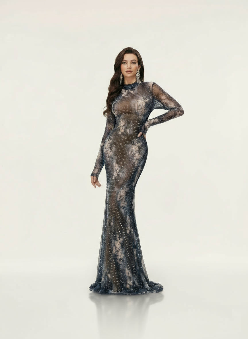 Stalluxe | Charmantes Blaues Abendkleid mit Strass und Rundhalsausschnitt