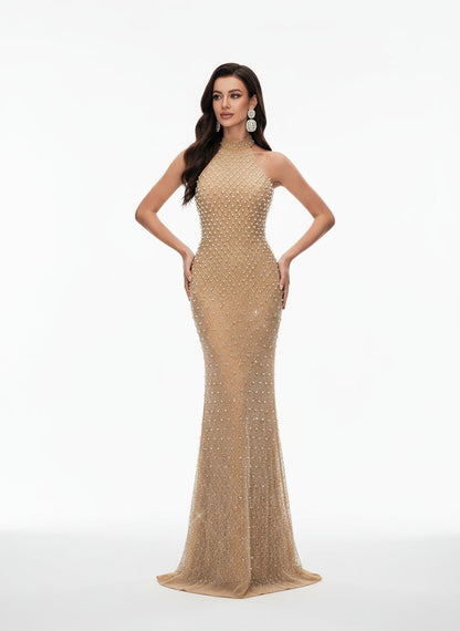 Stalluxe | Charmantes Halsfreies Abendkleid mit Strass, Bodenlang Aprikose