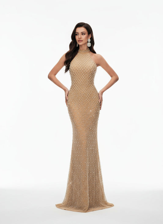 Stalluxe | Charmantes Halsfreies Abendkleid mit Strass, Bodenlang Aprikose