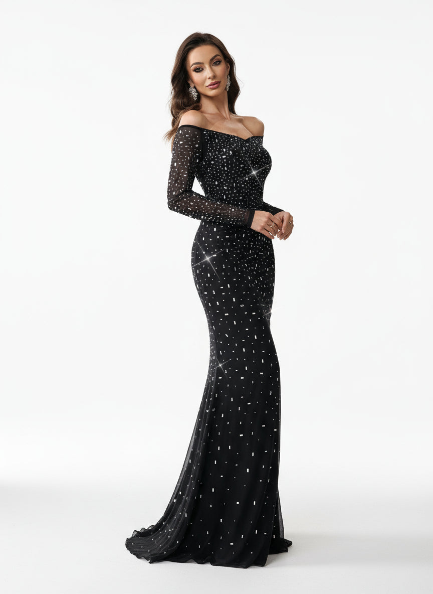 Stalluxe | Elegantes Schwarzes Abendkleid mit Cold-Shoulder-Design und Strass, Bodenlang