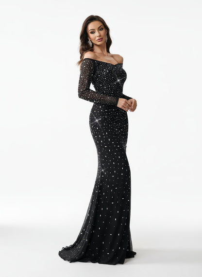 Stalluxe | Elegantes Schwarzes Abendkleid mit Cold-Shoulder-Design und Strass, Bodenlang
