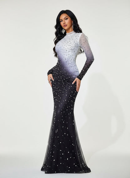 Stalluxe | Luxuriöses Schwarzes Abendkleid mit Strass und Rundhalsausschnitt, Langarm