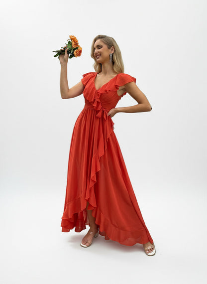 Stalluxe | Stilvolles Korallenoranges Brautjungfernkleid mit V-Ausschnitt und Volantärmeln