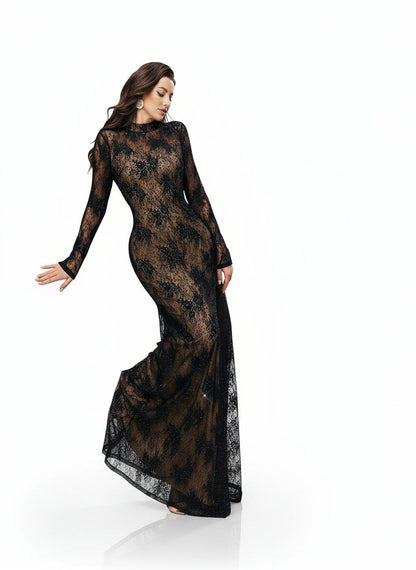 Stalluxe | Wunderschönes Schwarzes Spitzen-Abendkleid mit Strass und Stehkragen, Langarm