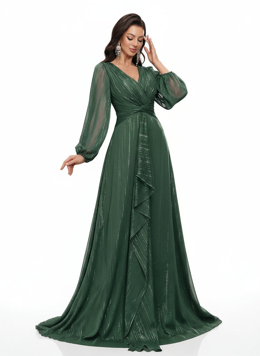 Stalluxe | Elegantes Dunkelgrünes Abendkleid mit V-Ausschnitt und Verzierungen