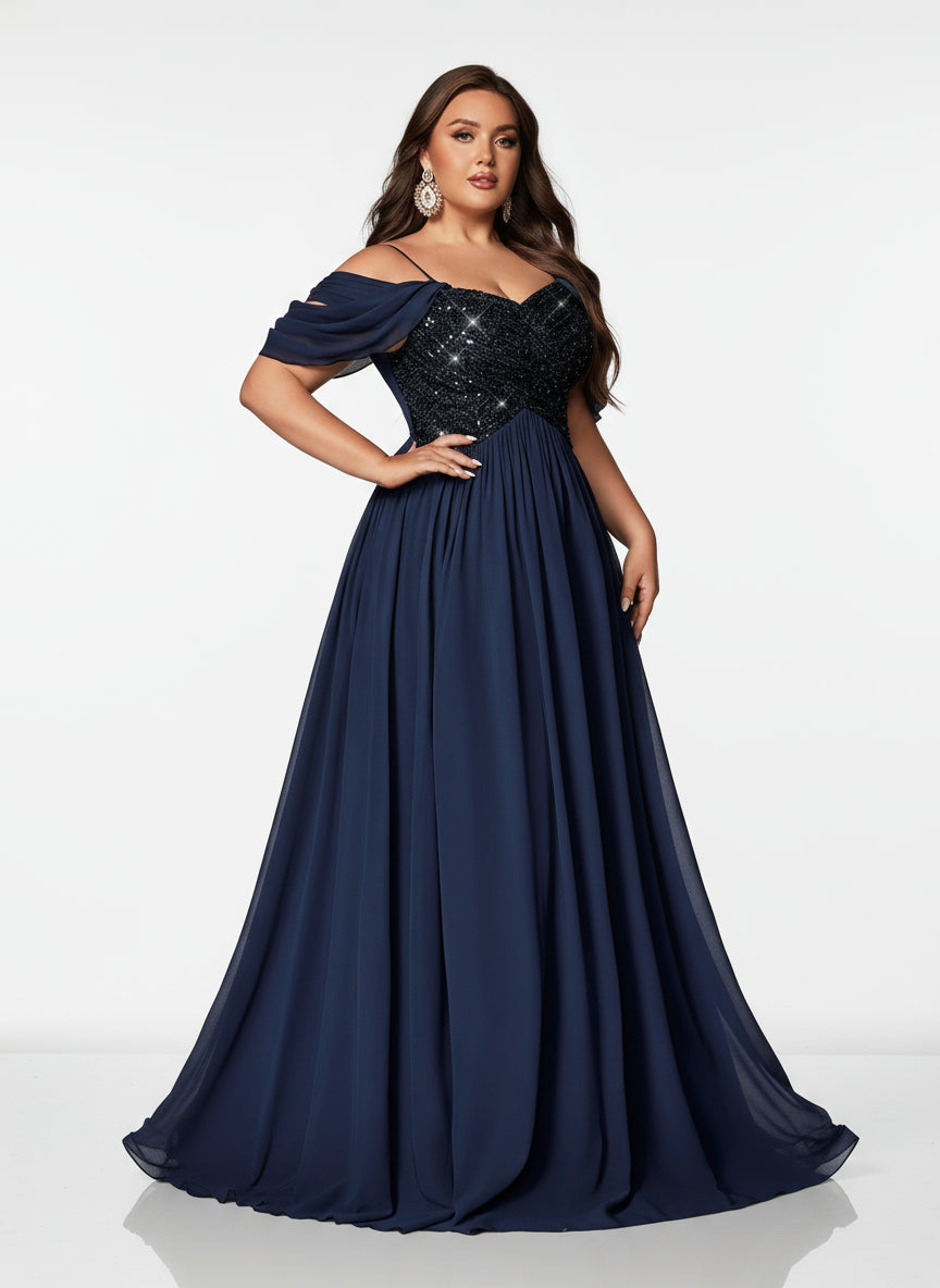 Stalluxe | Modisches Marineblaues Abendkleid aus Chiffon mit Pailletten und Schulterfreiem Design