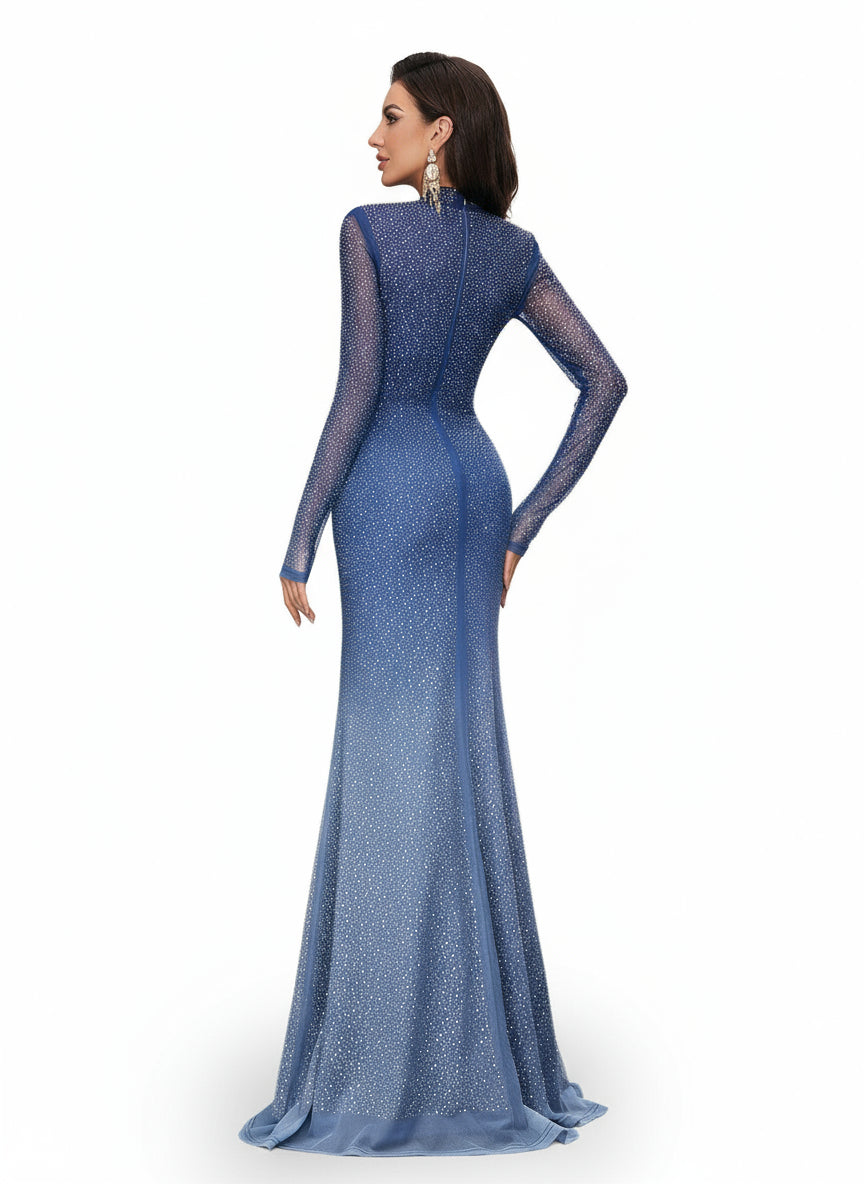 Stalluxe | Träumerisches Blaues Abendkleid mit Strass, Stehkragen und Schlanker Passform, Langarm