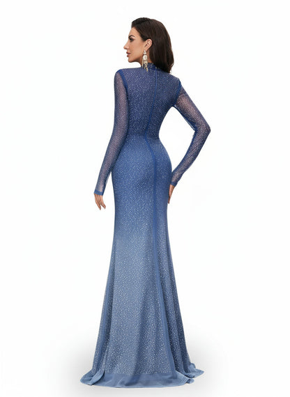 Stalluxe | Träumerisches Blaues Abendkleid mit Strass, Stehkragen und Schlanker Passform, Langarm