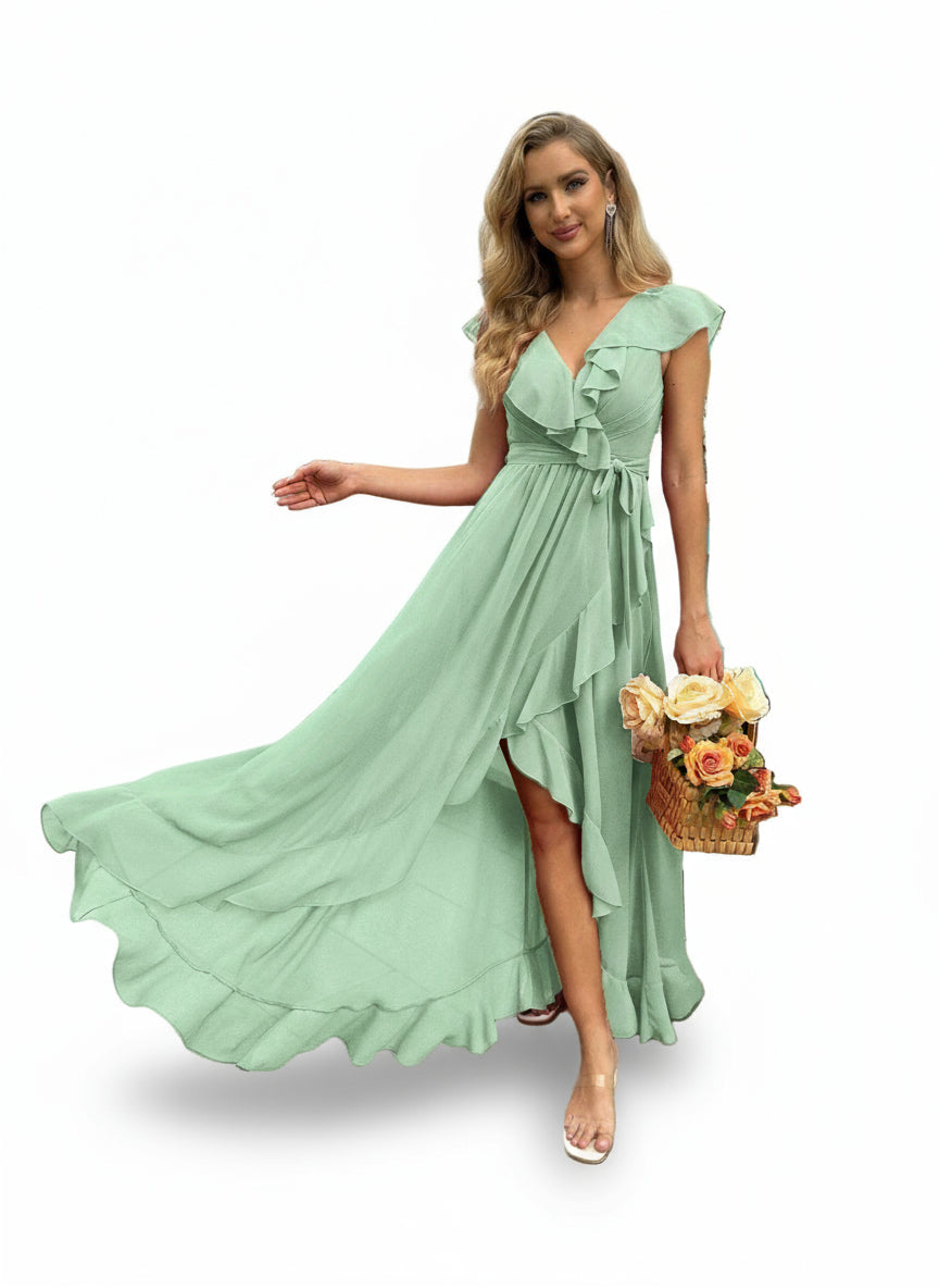 Stalluxe | Stilvolles Korallenoranges Brautjungfernkleid mit V-Ausschnitt und Volantärmeln