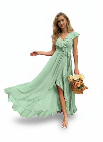 Stalluxe | Stilvolles Korallenoranges Brautjungfernkleid mit V-Ausschnitt und Volantärmeln