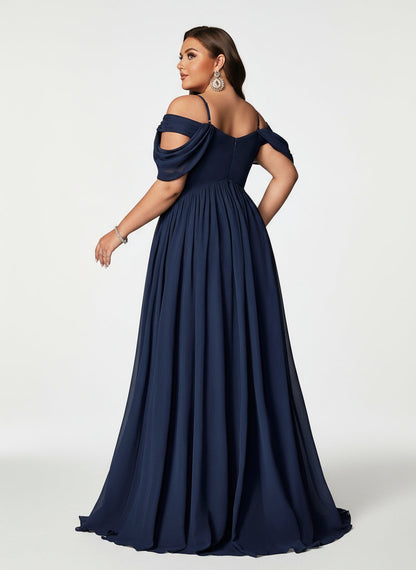 Stalluxe | Modisches Marineblaues Abendkleid aus Chiffon mit Pailletten und Schulterfreiem Design