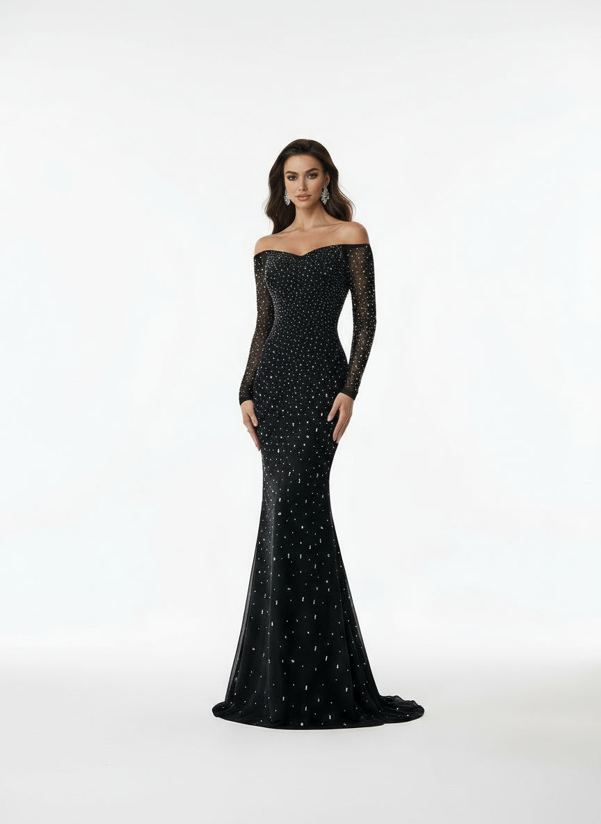 Stalluxe | Elegantes Schwarzes Abendkleid mit Cold-Shoulder-Design und Strass, Bodenlang
