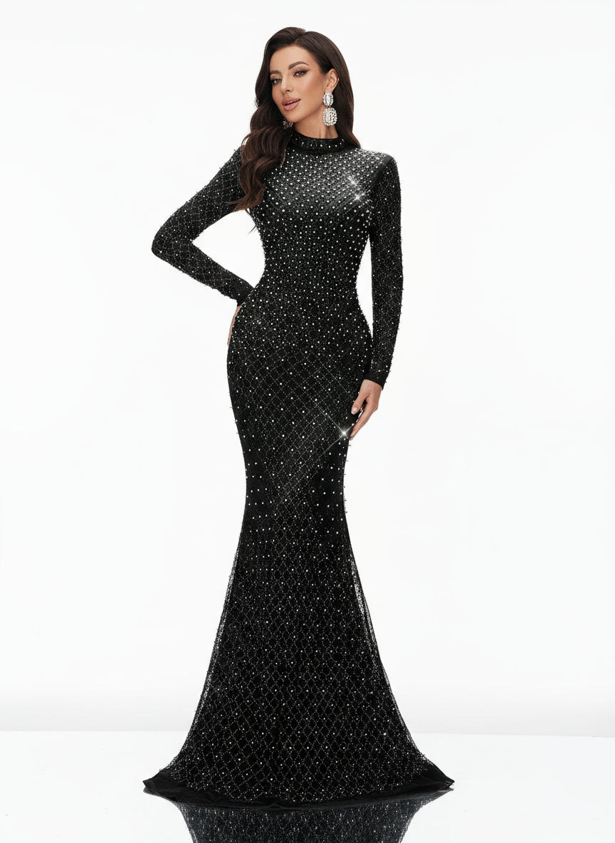 Stalluxe | Elegantes Schwarzes Abendkleid mit Strass und Rundhalsausschnitt, Langarm