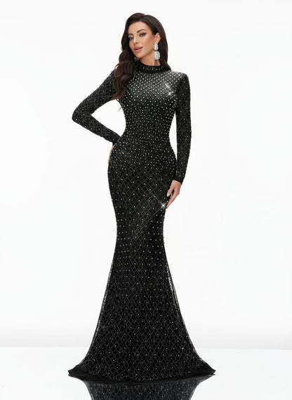 Stalluxe | Elegantes Schwarzes Abendkleid mit Strass und Rundhalsausschnitt, Langarm