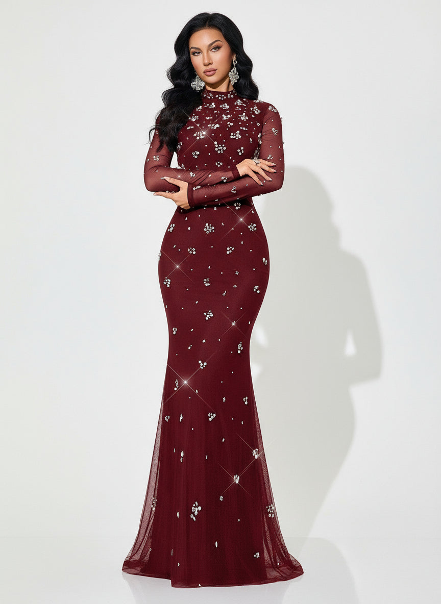 Stalluxe | Klassisches Schwarzes Abendkleid mit Strass und Stehkragen