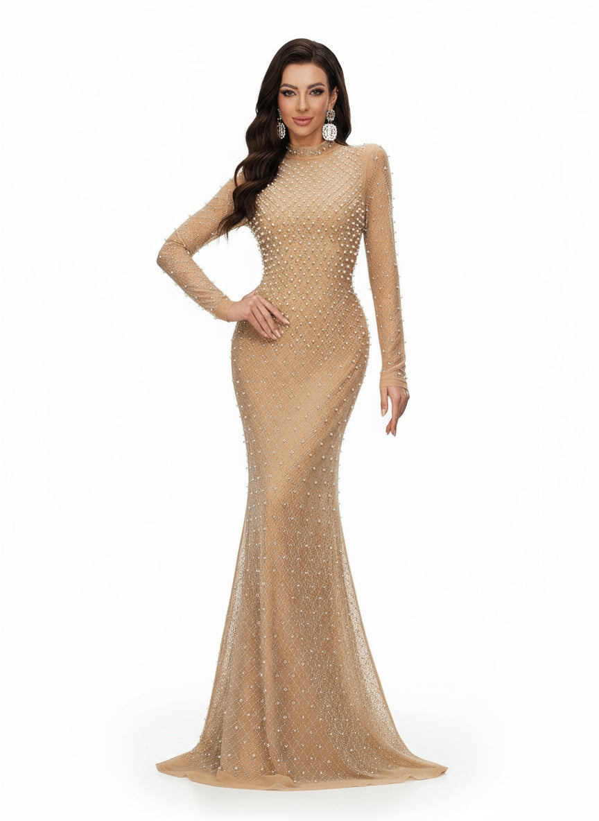 Stalluxe | Elegantes Schwarzes Abendkleid mit Strass und Rundhalsausschnitt, Langarm