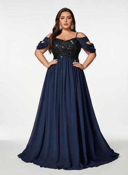 Stalluxe | Modisches Marineblaues Abendkleid aus Chiffon mit Pailletten und Schulterfreiem Design