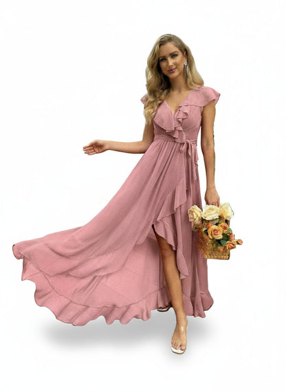 Stalluxe | Stilvolles Korallenoranges Brautjungfernkleid mit V-Ausschnitt und Volantärmeln