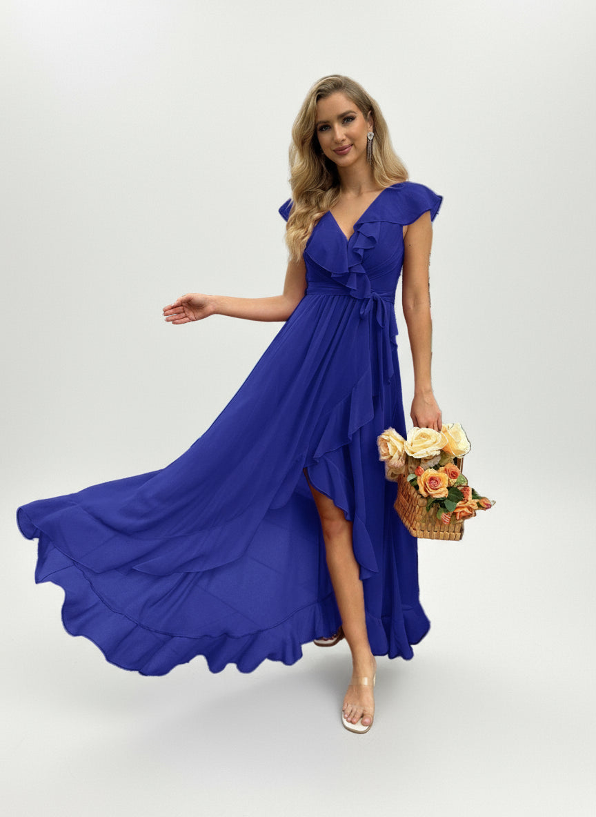 Stalluxe | Stilvolles Korallenoranges Brautjungfernkleid mit V-Ausschnitt und Volantärmeln