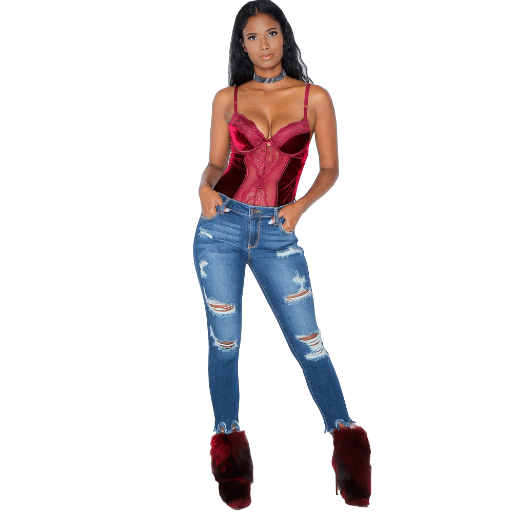 Damen Skinny Jeans im modischen Destroyed-Stil mit ausgefransten Säumen Stalluxe