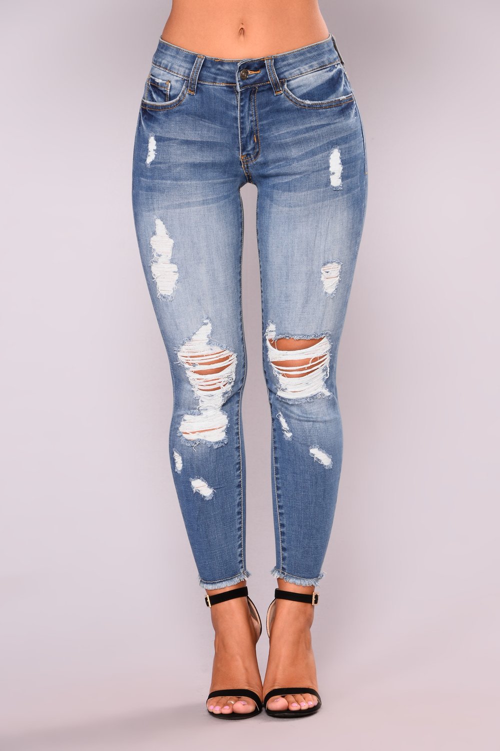 Damen Skinny Jeans im Used-Look mit auffälligen Rissen Stalluxe Hellblau