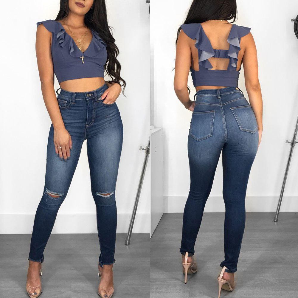 Damen Hochgeschnittene Slim-Fit Jeans mit Rüschen und modischem Auschnitt Stalluxe Blau