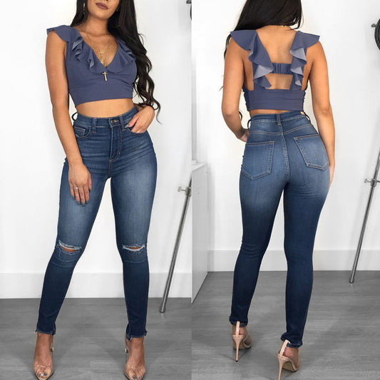 Damen Hochgeschnittene Slim-Fit Jeans mit Rüschen und modischem Auschnitt Stalluxe Blau